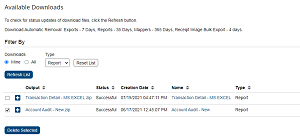 Available Downloads screen showing output selected for deletion